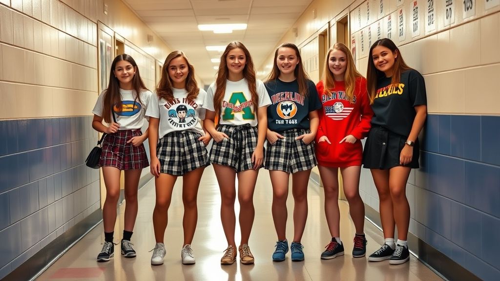 High school 90s fashion trends with plaid skirts, crop tops, and sneakers.