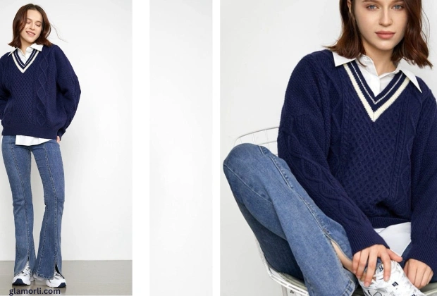 White Tee Under Navy Sweater + Bootcut Jeans