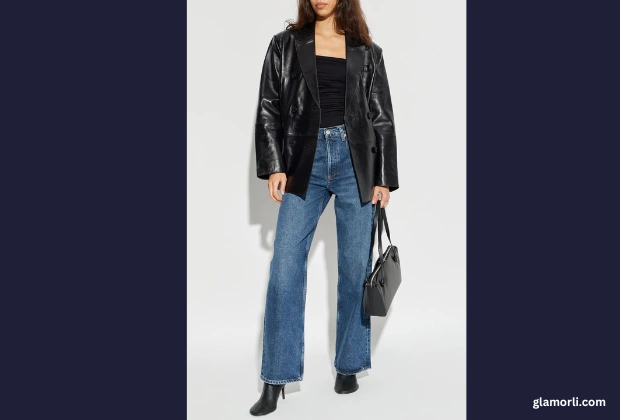 Navy Top + Black Wide-Leg Jeans + Leather Jacket