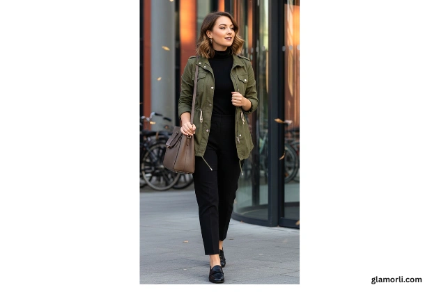 Utility Jacket Olive + Black Tee + Sneakers