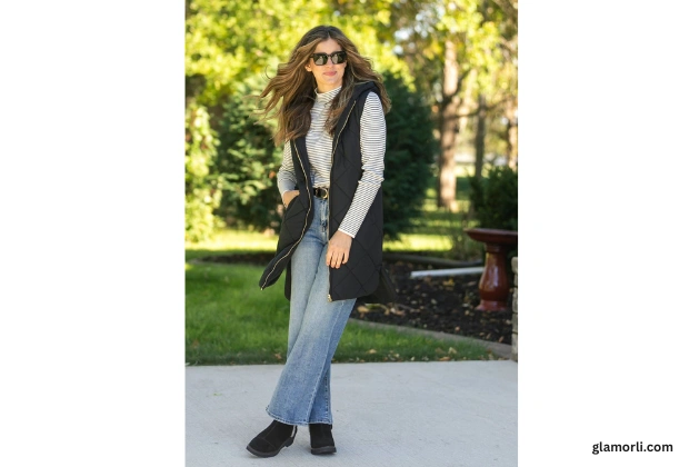 Camel Hoodie + Black Quilted Vest + Jeans