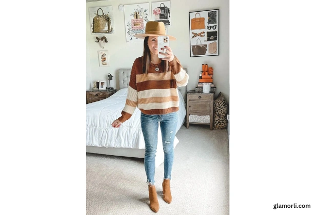 Striped Sweater + Jeans + Brown Boots